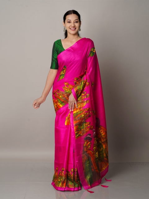 

Unnati Silks Pink & Green Printed Art Silk Block Print Saree