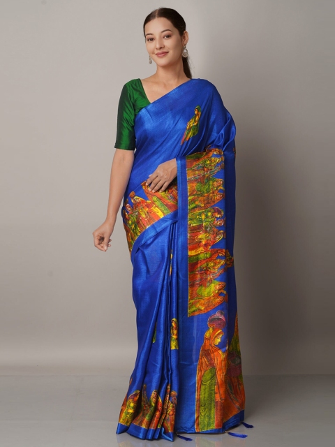 

Unnati Silks Blue & Yellow Ethnic Motifs Art Silk Block Print Saree