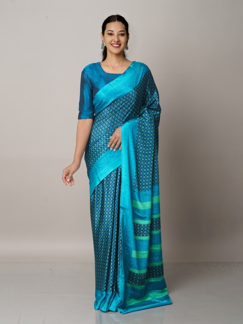 

Unnati Silks Blue & Green Ethnic Motifs Block Print Saree