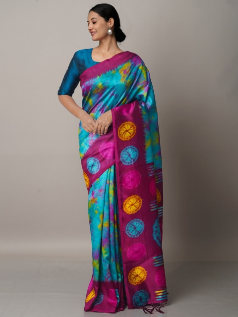 

Unnati Silks Blue & Pink Tie and Dye Block Print Saree