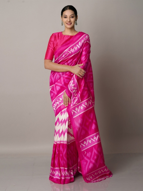 

Unnati Silks Pink & Cream-Coloured Block Print Saree