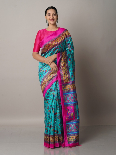 

Unnati Silks Blue And Pink Warli Block Print Art Silk Saree