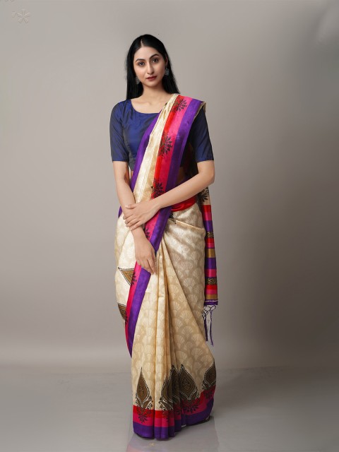 

Unnati Silks Cream And Red Ethnic Motifs Block Print Art Silk Saree