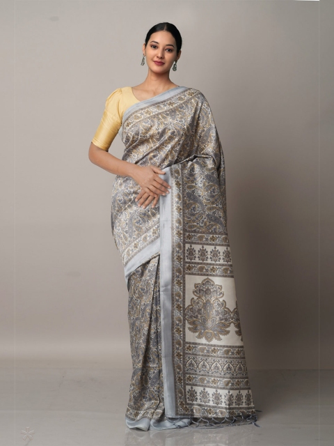 

Unnati Silks Grey & Beige Ethnic Motifs Block Print Art Silk Saree
