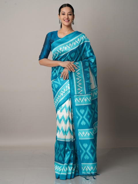 

Unnati Silks Blue & White Art Silk Block Print Saree