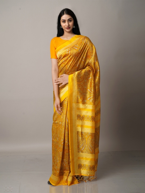 

Unnati Silks Brown & Yellow Ethnic Motifs Art Silk Block Print Saree