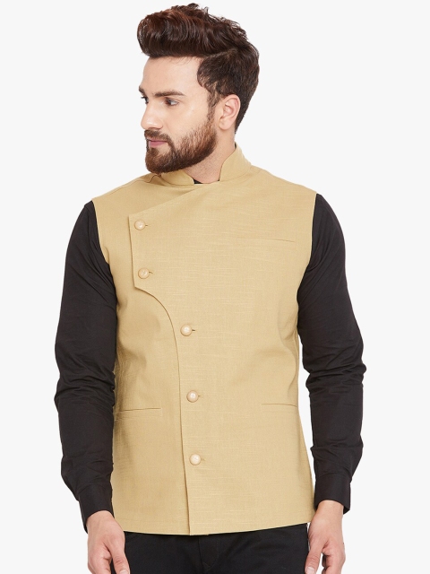 

Hypernation Men Khaki Pure Cotton Nehru Jacket