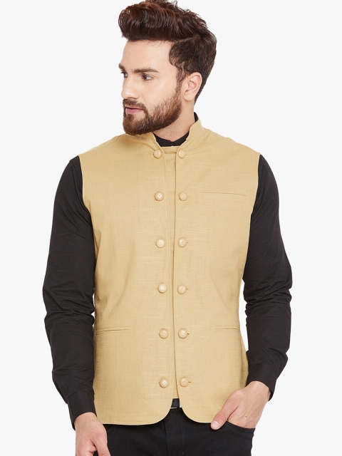 

Hypernation Men Khaki Solid Pure Cotton Nehru Jacket