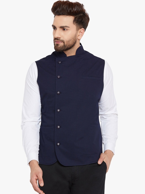 

Hypernation Men Blue Printed Nehru Jacket, Navy blue