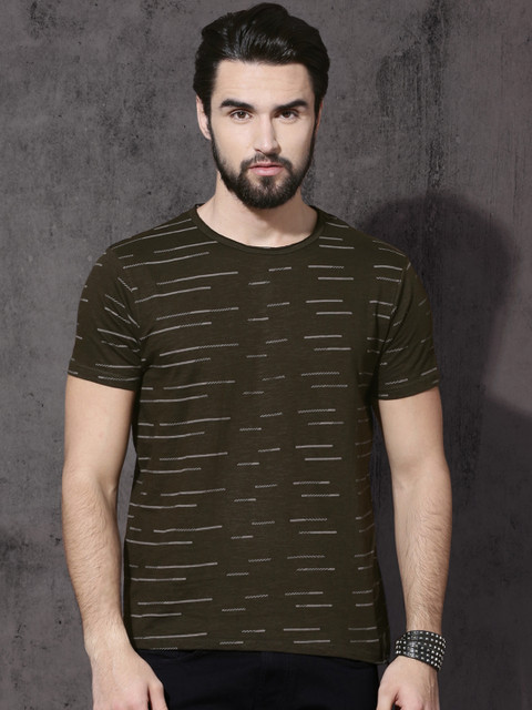

Roadster Men Olive Green Printed Round Neck T-shirt