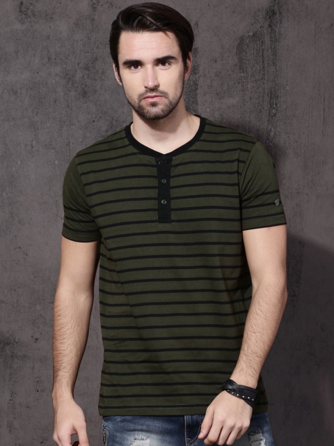 

Roadster Men Olive & Black Striped Henley Neck T-shirt
