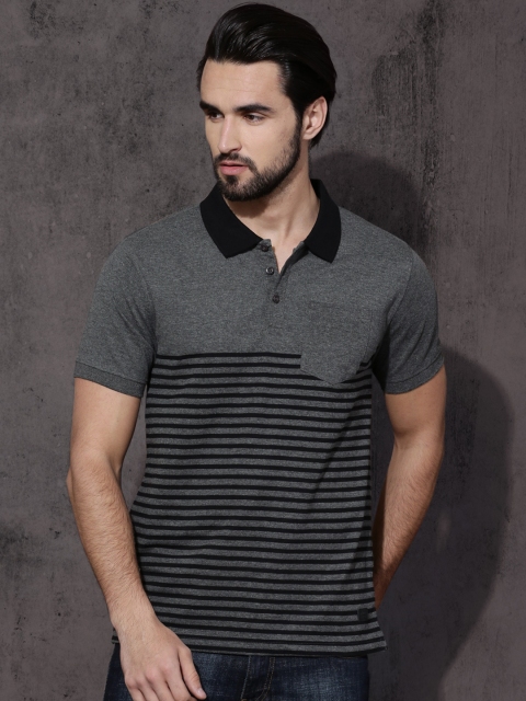 

Roadster Men Grey Striped Polo Collar T-shirt