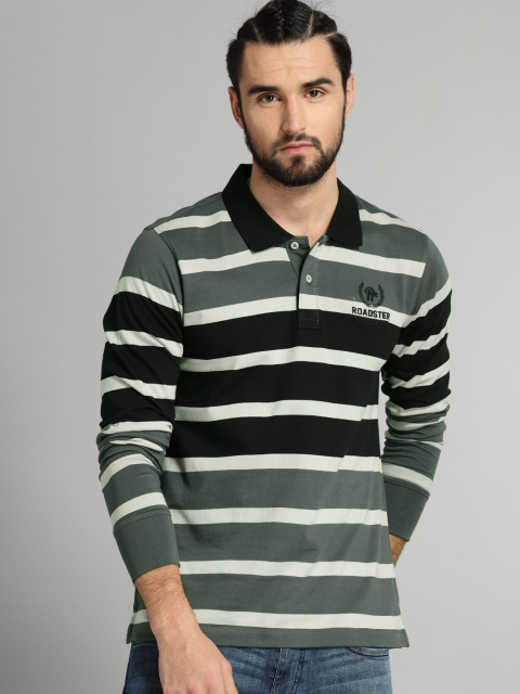 

Roadster Men Grey & Black Striped Polo Collar T-shirt