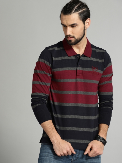 

Roadster Men Maroon Grey Striped Polo Collar Pure Cotton T-shirt