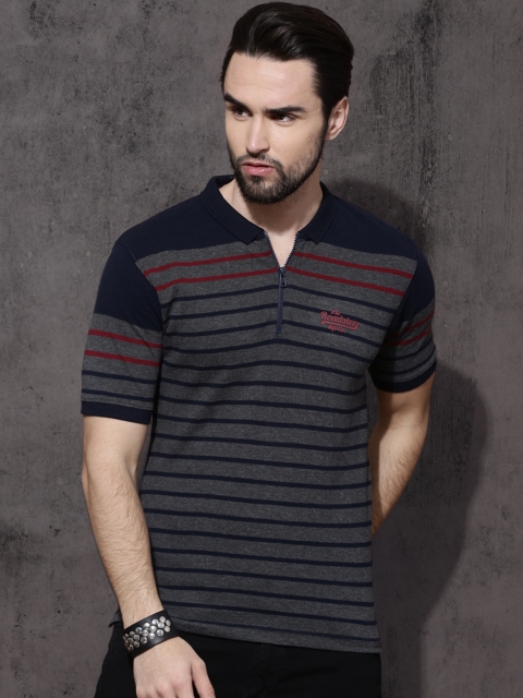 

Roadster Grey Melange Striped Polo T-shirt with Zip Placket