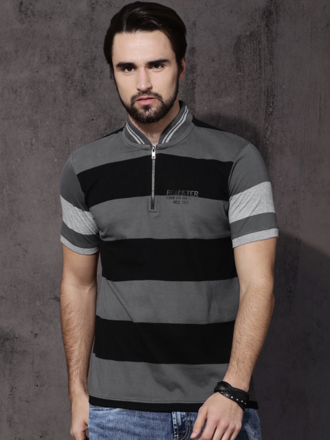 

Roadster Men Black Striped Mandarin Collar T-shirt