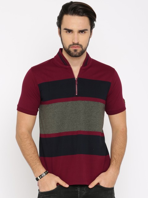 

Roadster Men Maroon Striped Mandarin Collar T-shirt