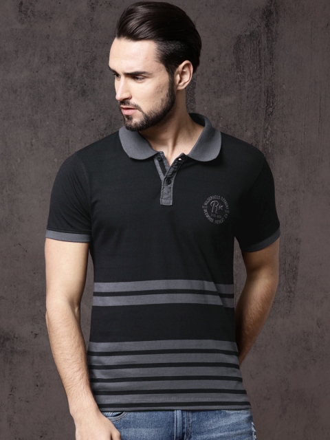 

Roadster Men Black & Grey Striped Polo Collar T-shirt