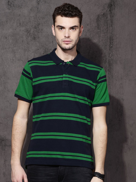 

Roadster Men Navy Blue & Green Striped Polo T-Shirt