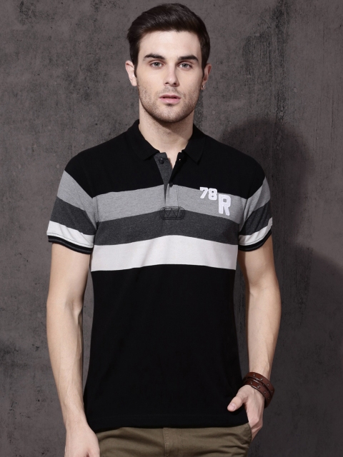 

Roadster Men Black & Grey Striped Polo Collar T-shirt