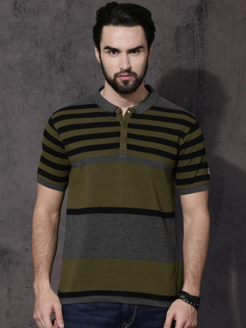 

Roadster Men Olive Green & Red Striped Polo Collar T-shirt