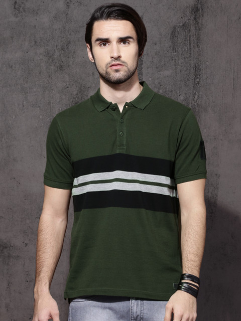 

Roadster Men Green Striped Polo T-shirt