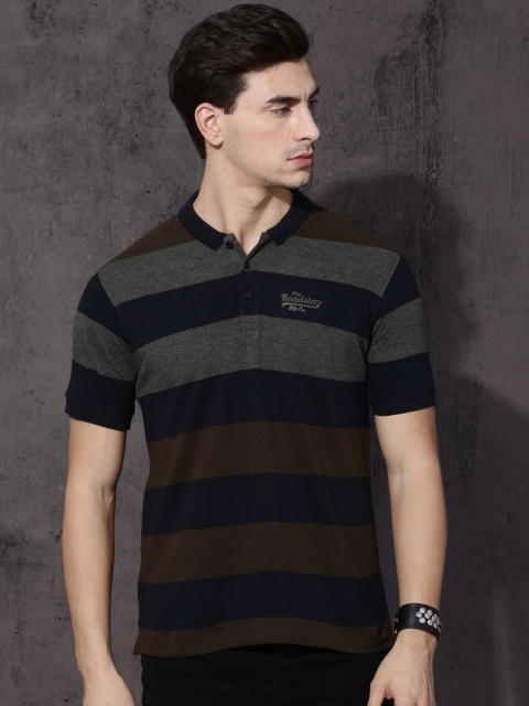 

Roadster Men Navy Blue & Brown Striped Polo Collar T-shirt
