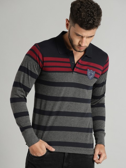 

Roadster Men Grey Melange & Navy Striped Polo Collar T-shirt