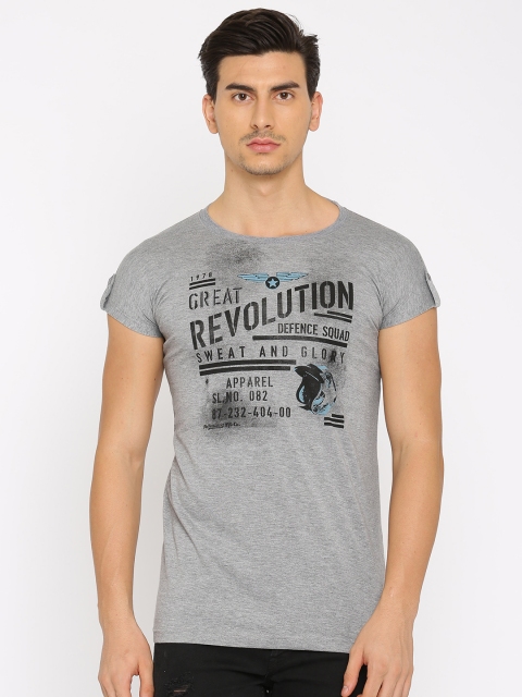 

Roadster Men Grey Melange Printed Round Neck T-shirt