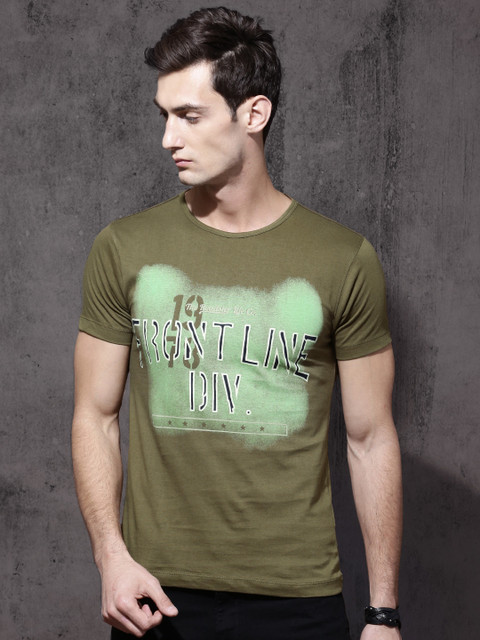 

Roadster Men Olive Green Printed Round Neck T-Shirt