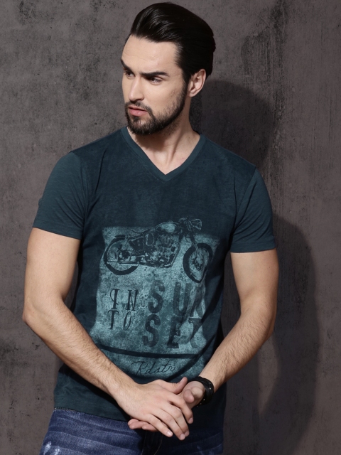 

RDSTR Men Blue Printed Round Neck T-shirt