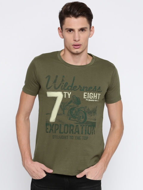 

Roadster Men Olive Green Printed Round Neck T-shirt