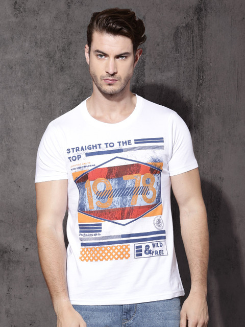 

Roadster Men White Printed Round Neck T-shirt