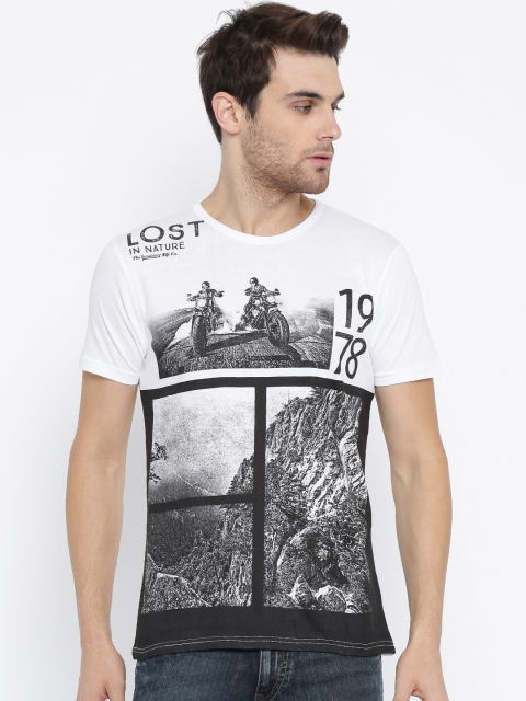 Roadster Men White & Black Printed Round Neck T-shirt available at myntra for Rs.179