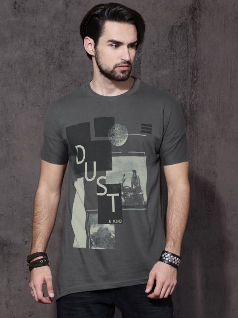 

Roadster Men Charcoal Grey Printed Round Neck T-shirt