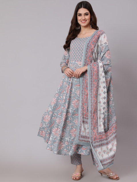 

Nayo Women Grey Ethnic Motifs Printed Angrakha Pure Cotton Kurta with Trousers & With Dupatta