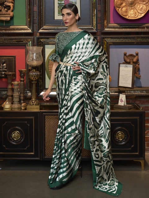 

Mitera Off White & Green Abstract Printed Saree