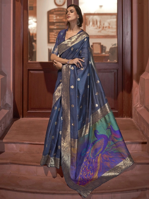 

Mitera Navy Blue & Gold-Toned Woven Design Zari Silk Blend Banarasi Saree