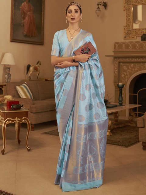 

Mitera Turquoise Blue & Gold-Toned Ethnic Motifs Zari Silk Blend Banarasi Saree