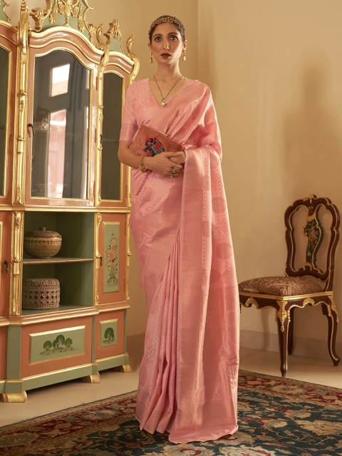 

Mitera Peach-Coloured & Gold-Toned Woven Design Zari Silk Blend Banarasi Saree