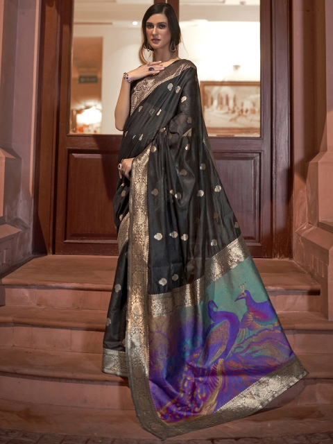 

Mitera Black & Navy Blue Ethnic Motifs Zari Silk Blend Banarasi Saree