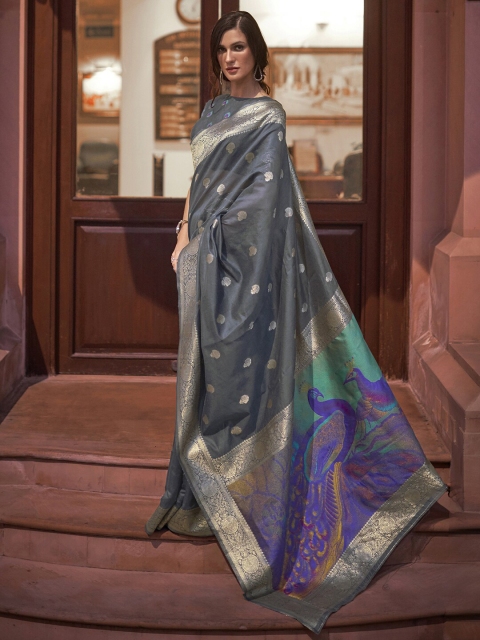 

Mitera Grey & Blue Ethnic Motifs Zari Silk Blend Banarasi Saree