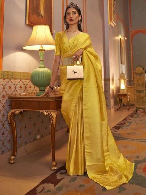 

Mitera Yellow & Gold-Toned Ethnic Motifs Zari Kanjeevaram Saree