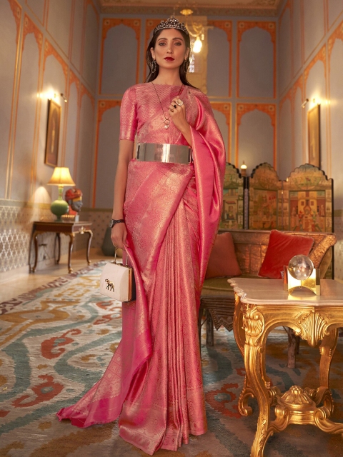 

Mitera Pink & Gold-Toned Woven Design Zari Kanjeevaram Saree