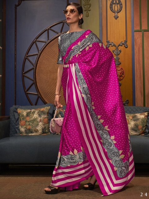 

Mitera Pink & Grey Floral Printed Saree
