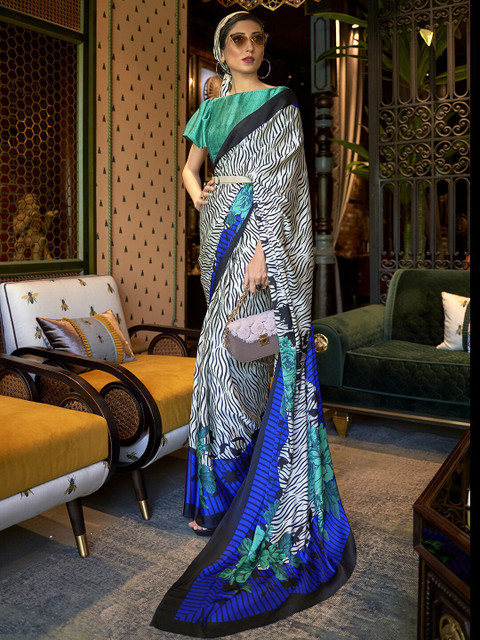 

Mitera Off White & Blue Abstract Printed Saree