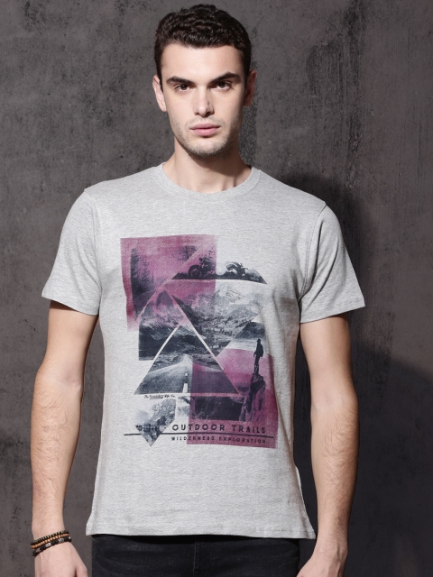 Roadster Men Grey Melange Printed Round Neck T-shirt available at myntra for Rs.179