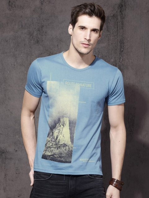 

Roadster Men Blue Printed Round Neck T-shirt