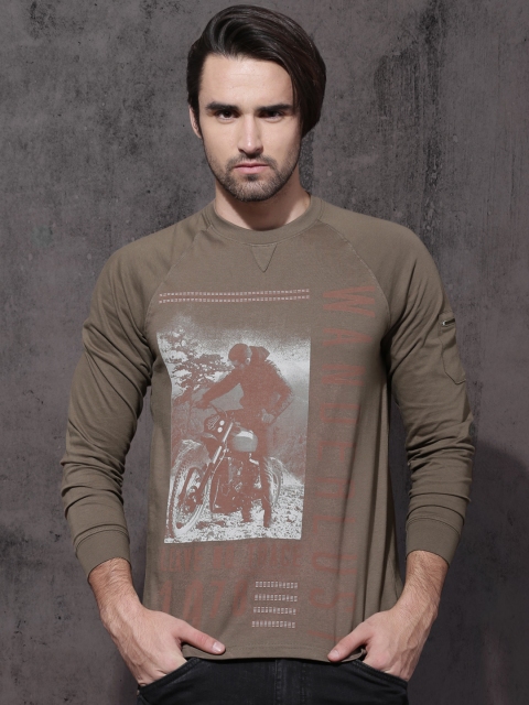 

Roadster Men Olive Green Printed Round Neck T-shirt