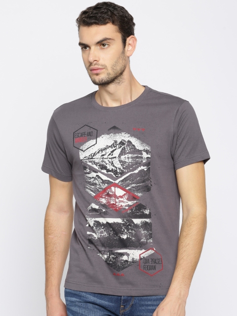 

Roadster Men Grey Printed Round Neck T-shirt